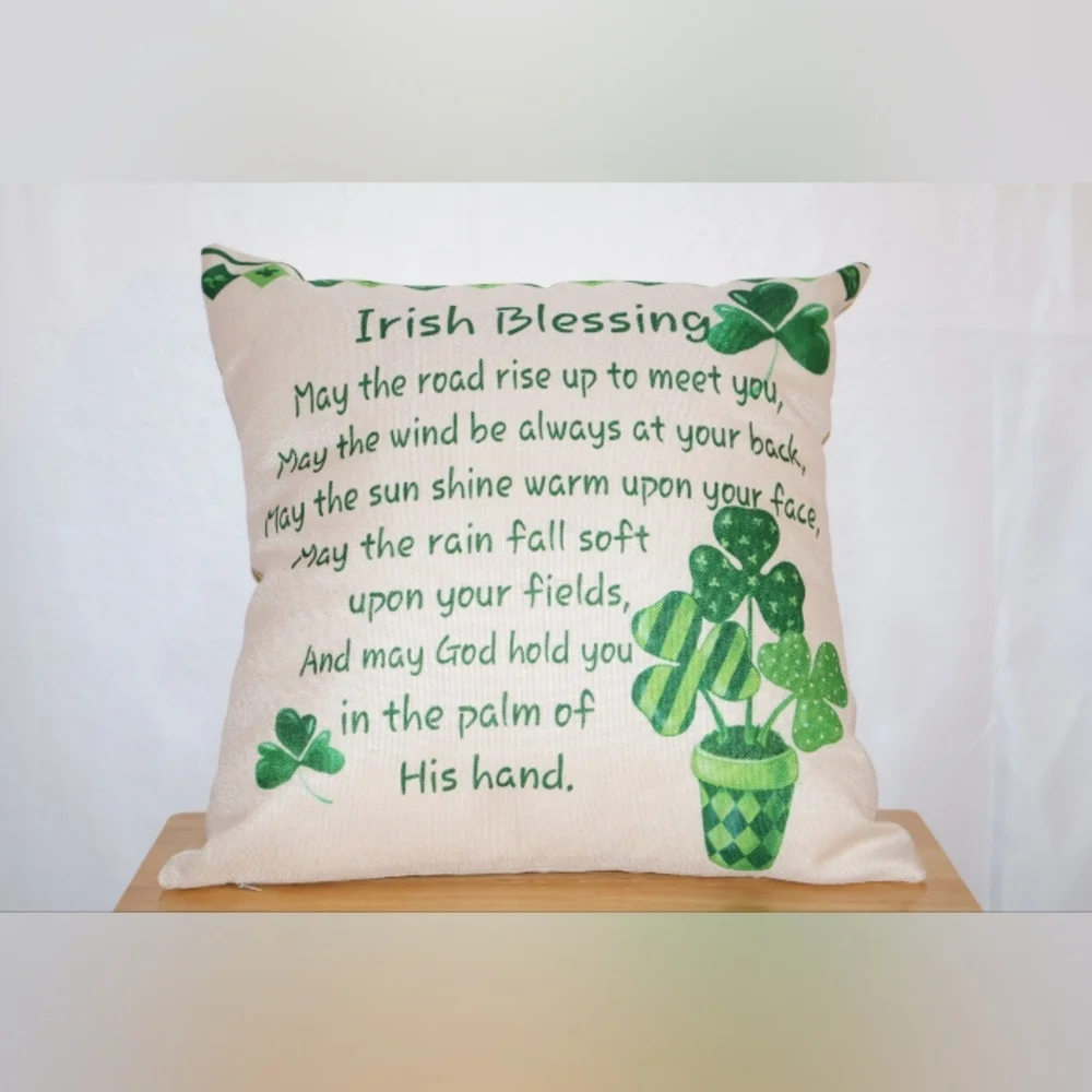 Clover Heart Irish Blessing Decorative Pillow Cover & Pillow-Cream & Green.